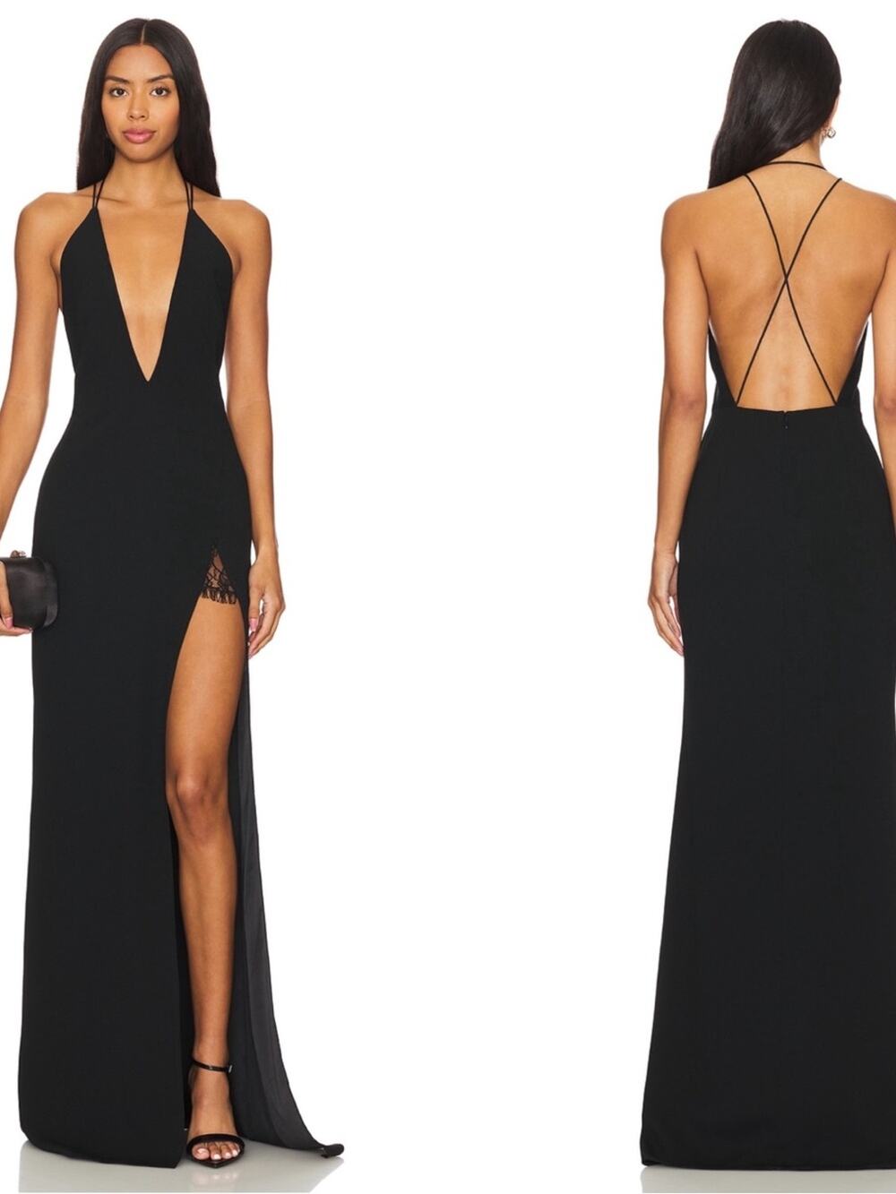 SAU LEE Frankie Plunging Deep V Strappy Back Lace Black Maxi Dress Size 12
